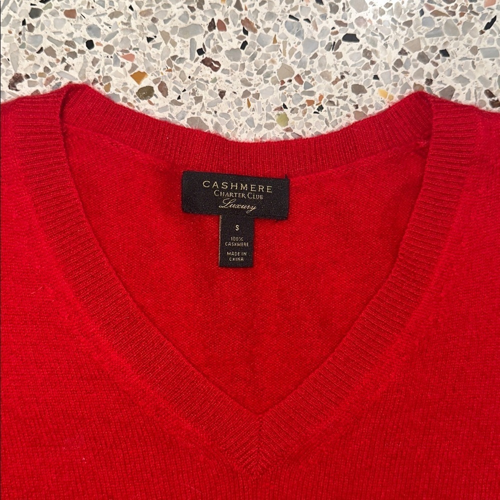 100% cashmere charter club luxury red v neck sweater small s bridal - Picture 2 of 5